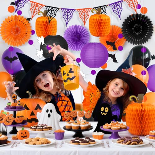 Halloween Party Decorations Set - Orange, Black & Purple Festive Decor - Includes Fans, Lanterns & Web Flags - Halloween