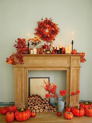 Pumpkin Fall Wreath for Front Door - 20 Inch Autumn Decor with Pine Cones & Maple Leaves