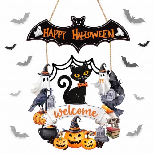 Halloween Ghost Wood Door Sign with Wreath - Spooky Fall Decor