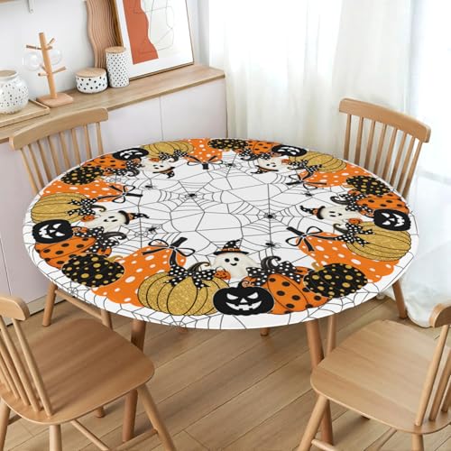 Halloween Round Fitted Tablecloth with Elastic - White & Gold Pumpkin Pattern, 43 Inch