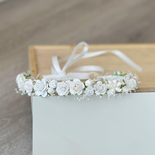 PoshMyra White Flower Girl Crown with Baby's Breath Headpiece Young Girl Communion Floral Hair Wreath Rustic Wedding Hair Accessories Headband for Child(43cm length)