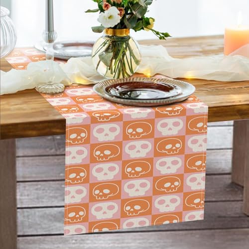 Skeleton Halloween Table Runner 13x72in Pink Orange Skull Checkerboard Decor - Variation of THIS listing