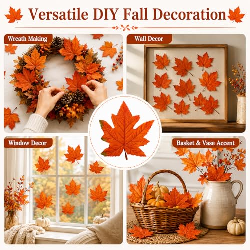 Artificial Fall Maple Leaves - 40pcs Autumn Leaves for Thanksgiving & DIY Decor - Orange, Realistic Design