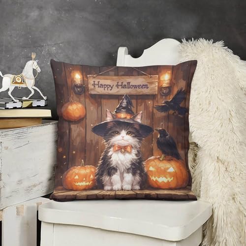 Fall Cartoon Kitten Pumpkin Halloween Throw Pillow Covers Set 20x20 - Pack of 4