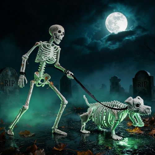 3 FT Human & Dog Skeleton Halloween Decorations Outdoor Indoor Set - Spooky Scene Props