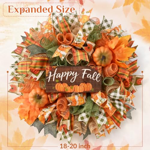 Fall Wreath for Front Door - 20 Inch Mesh Bow with Wooden 'Happy Fall' Sign - Orange Green Variation
