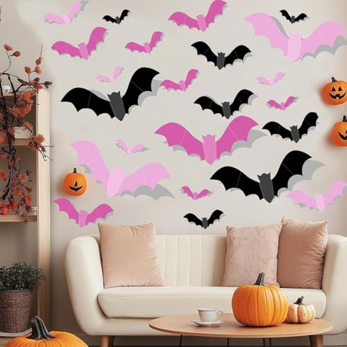 Halloween 3D Bat Wall Decal - Removable Sticker Set with Pink & Black Variations