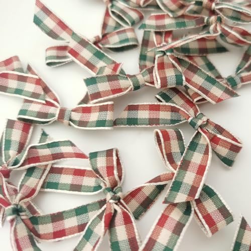 Mini Gingham Ribbon Bows for Gift Wrapping & Holiday Decor - 50PCS 1.5" Green & Red, Variation 078 / HotCutting