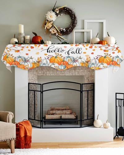 QueenKer Hello Fall Fireplace Mantel Scarf 70x17 Dark Orange Pumpkin & Maple Leaves
