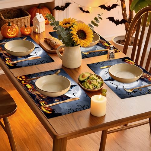 Halloween Haunted House Placemats Set of 4 - 12x18 Inch Washable Linen Table Mats with Full Moon Castle Design - Variation 0135-Moon Castle