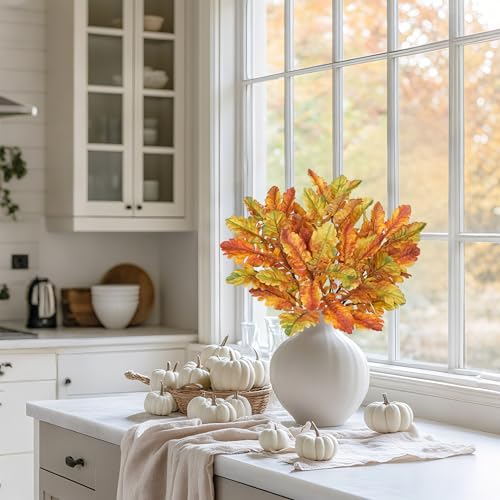 Artificial Fall Oak Leaf Branches - 5 Pcs Autumn Decor Stems in Orange - 18 Inches