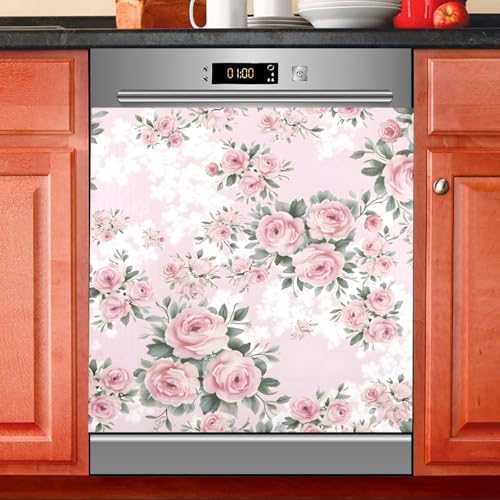 Floral Pink Roses Dishwasher Magnet Cover Sticker - 23 x 26 in Decorative Refrigerator Panel - Magnetic Vinyl