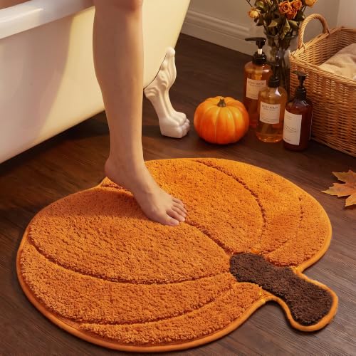 Pumpkin-Shaped 3D Bath Mat - Fall Rug with Brown Stem, 22x25.5 Inches - Orange & Brown