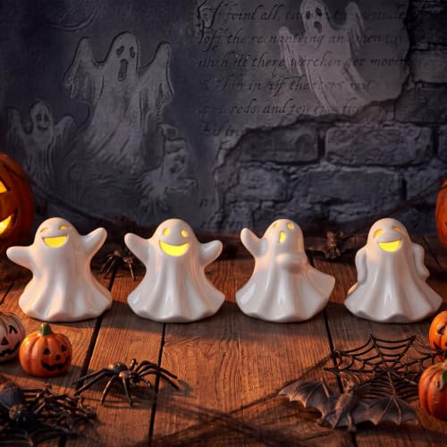 4 Pack Light Up Ceramic Ghost Halloween Decorations - Festive & Modern Decor