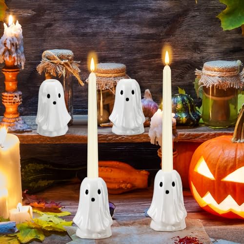 Set of 4 Ceramic Halloween Ghost Candle Holders - Cute Festive Decor