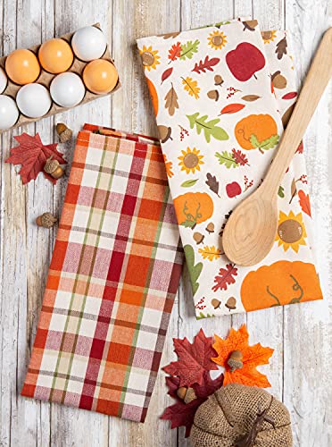 Fall Plaid Dishtowel Set - 2 Cotton Kitchen Towels 18x28 with Floral Design