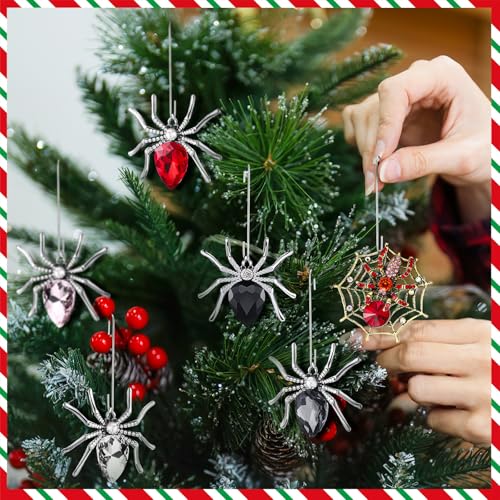 Crystal Christmas Spider Ornaments Set - Holiday & Halloween Decorations