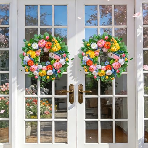Spring Wreath for Front Door 24 Inch Vibrant Garden-Inspired Decor with Flowers & Fruit Accents