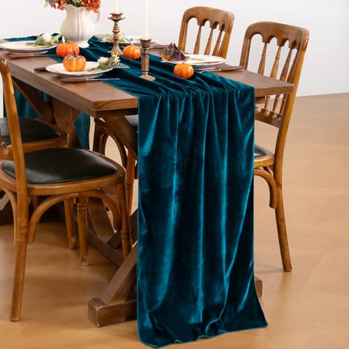 Peacock Blue Velvet Table Runner - Fall Boho Wedding Home Decor - 10ft