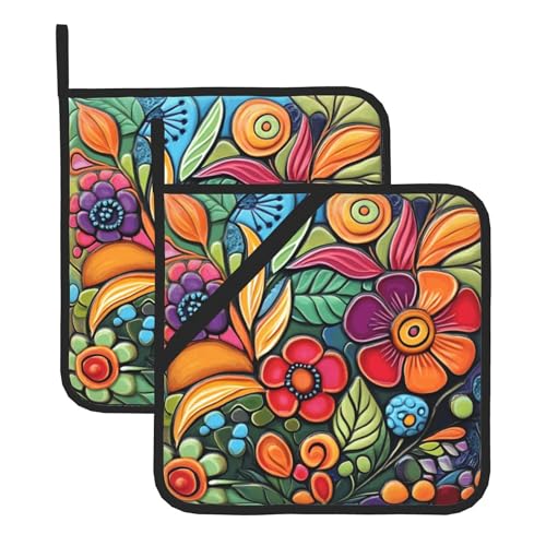 Colorful Boho Pot Holders Set of 2 - Heat Resistant Kitchen Oven Pads