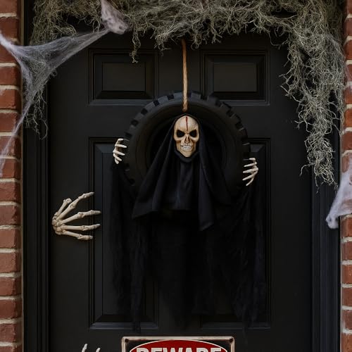 Lighted Talking Moving Skeleton Head Reaper Halloween Hanging Decor with Motion Sensor