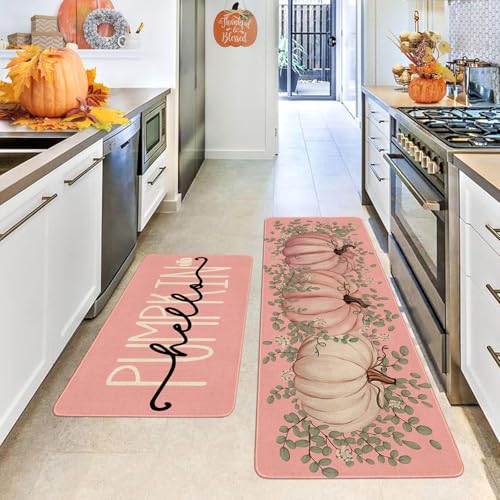 Pink Fall Kitchen Rugs Set - Pumpkin Doormat & Runner for Thanksgiving Decor