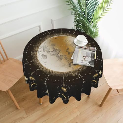 Mutakin Astrology Moon Art Round Tablecloth - Washable 60 Inch Home Decor