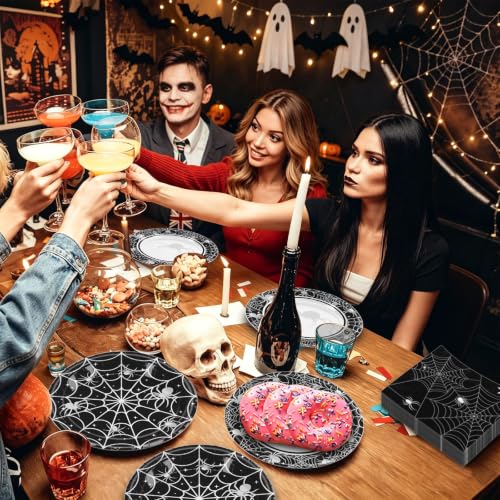 Halloween Paper Plates and Napkins Set - Serves 60 Guests, Spider Web Design