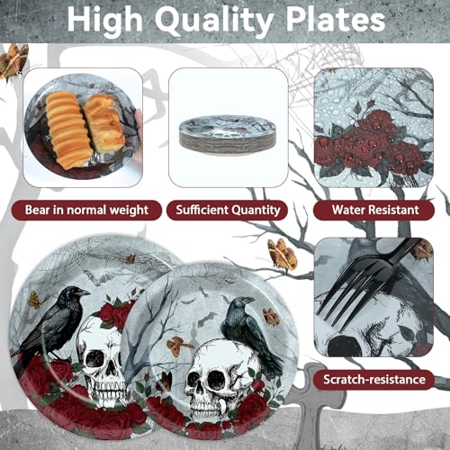 Halloween Gothic Skull Party Plates Napkins Set - Rose Crow Dinnerware for Skeleton Day of The Dead, 200pcs
