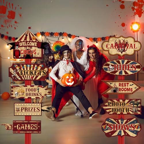 Halloween Directional Signs Decoration - Dark Red, 20 Pcs Halloween Circus Theme, Reusable, Party Decor Variation