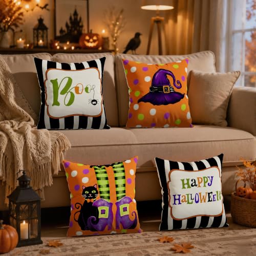 Halloween Boo Witch Cat Throw Pillow Cover Set - 16x16 Inches, Pack of 4