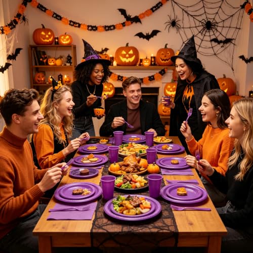 Purple Plastic Party Plates and Napkins Set for Birthday & Halloween - 50 Pack