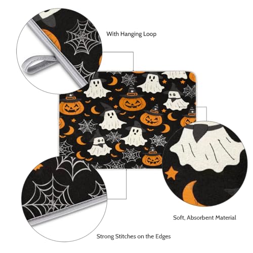 Halloween Dish Drying Mat for Kitchen Counter 18x24 in Pumpkins Ghost Bats Pattern - Absorbent Non Slip Kitchen Mat, Halloween Themed
