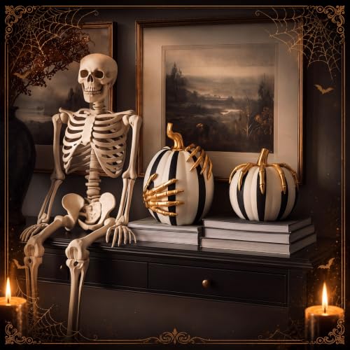 Halloween Black and White Pumpkin Decor Set with Skeleton Hands - Indoor Outdoor Resin Decorations