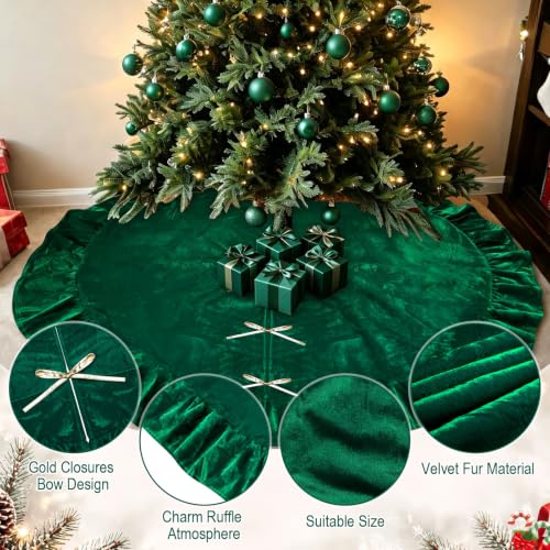Green Velvet Christmas Tree Skirt 72 Inches Luxury Holiday Decor for Festive Home