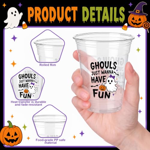 Halloween Plastic Cups 100 Pack - Spooky Theme Sayings & Designs, 12 oz, Party Supplies