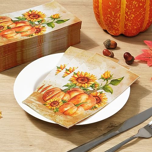 Thanksgiving Fall Paper Napkins - Vintage Pumpkin & Sunflower Design, 100 Pack