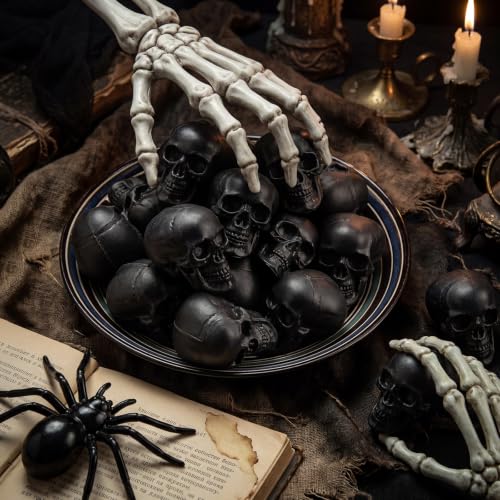 Halloween Skull Decorations - Black Plastic Skeleton Heads, 50 Pack, Mini & Realistic