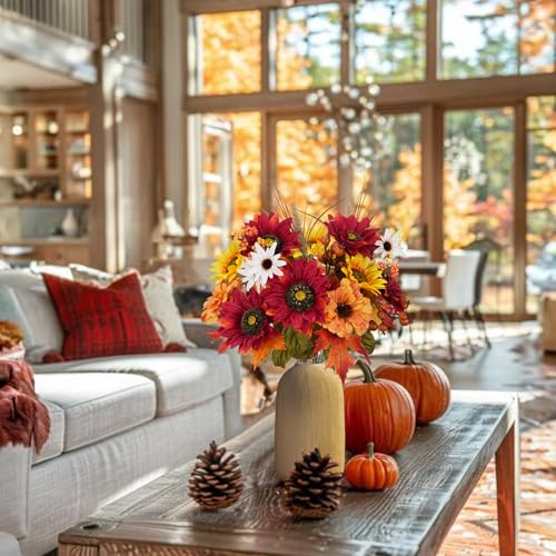 Red Fall Flowers Bundle for Cemetery Graves Artificial Sunflowers & Peony