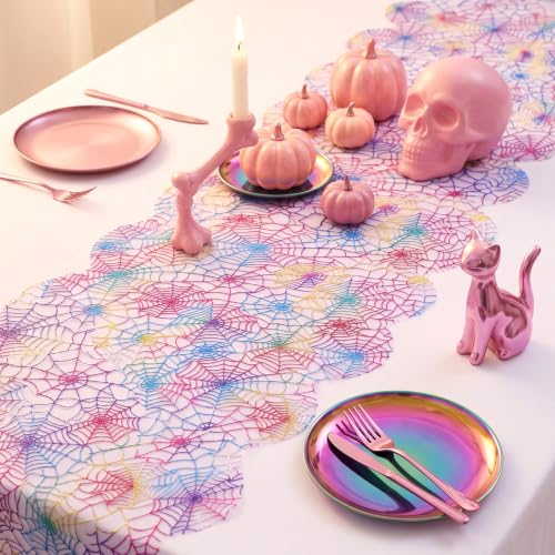 Irenare Iridescent Spider Web Table Runner - Halloween Pastel Decor, 14x70 Inches - Variation 1