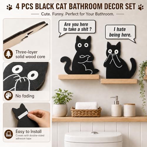 Black Cat Wall Art Set of 4 - Fun Bathroom Decor with Slogans - Variation: Bathroom Black Cat
