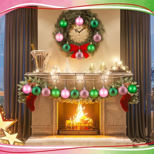 Pink Green Christmas Tree Ornaments Set - Shatterproof 2.4 Inch Xmas Balls