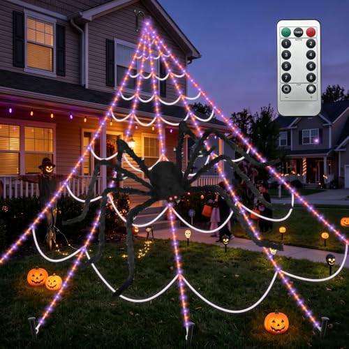 Halloween Spider Web Lights with Spider - Purple LED Light-Up Decor