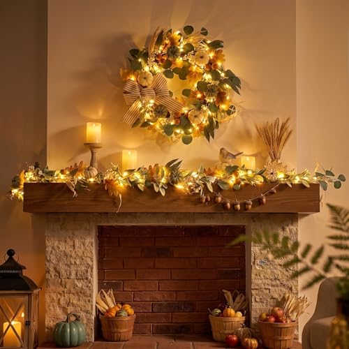 Fall Wreath with LED Lights - White & Green Pumpkins, Rustic Decor - 24 Inch