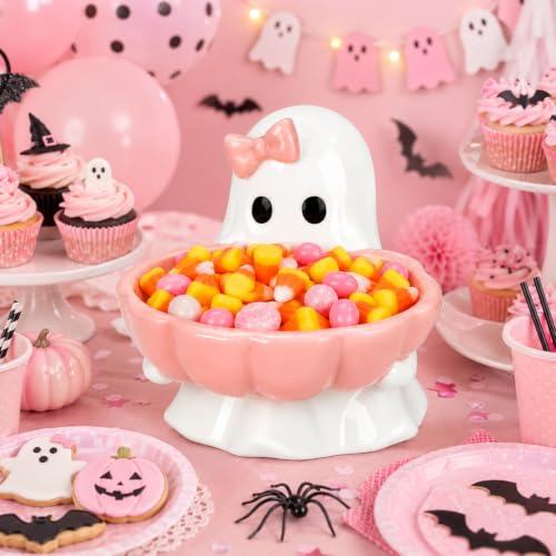 Pink Ghost Halloween Candy Bowl with Bow Ceramic Dish - Reallnaive