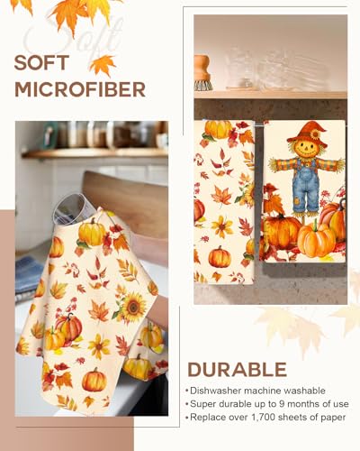 Fall Microfiber Kitchen Towels Set of 2 - Straw Pumpkin Off-White, Harvest Decor
