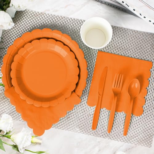 Orange Paper Plates and Napkins Party Set - 175 Pieces for Fall & Halloween