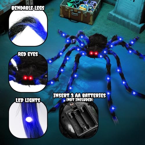 50 Inch Giant Light Up Halloween Spiders Set - Blue and Purple, Bendable Legs, Battery Operated