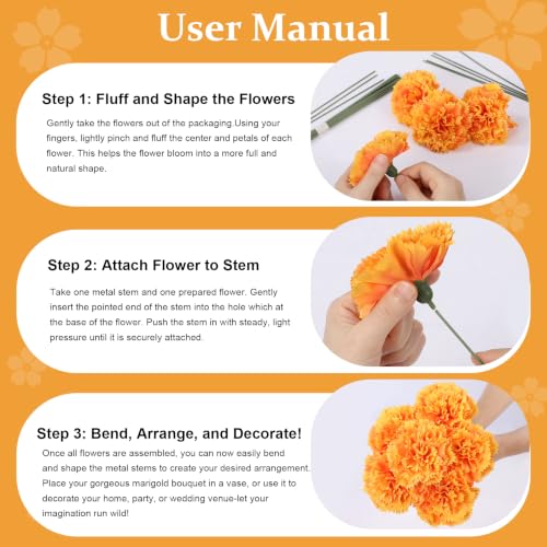 Artificial Silk Carnation Flower Heads with Stems - Orange Yellow, 24 Pack