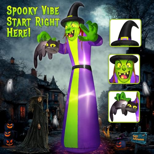Giant Halloween Inflatable Witch with Black Cat - 12FT Outdoor Yard Decor with LEDs & Blower